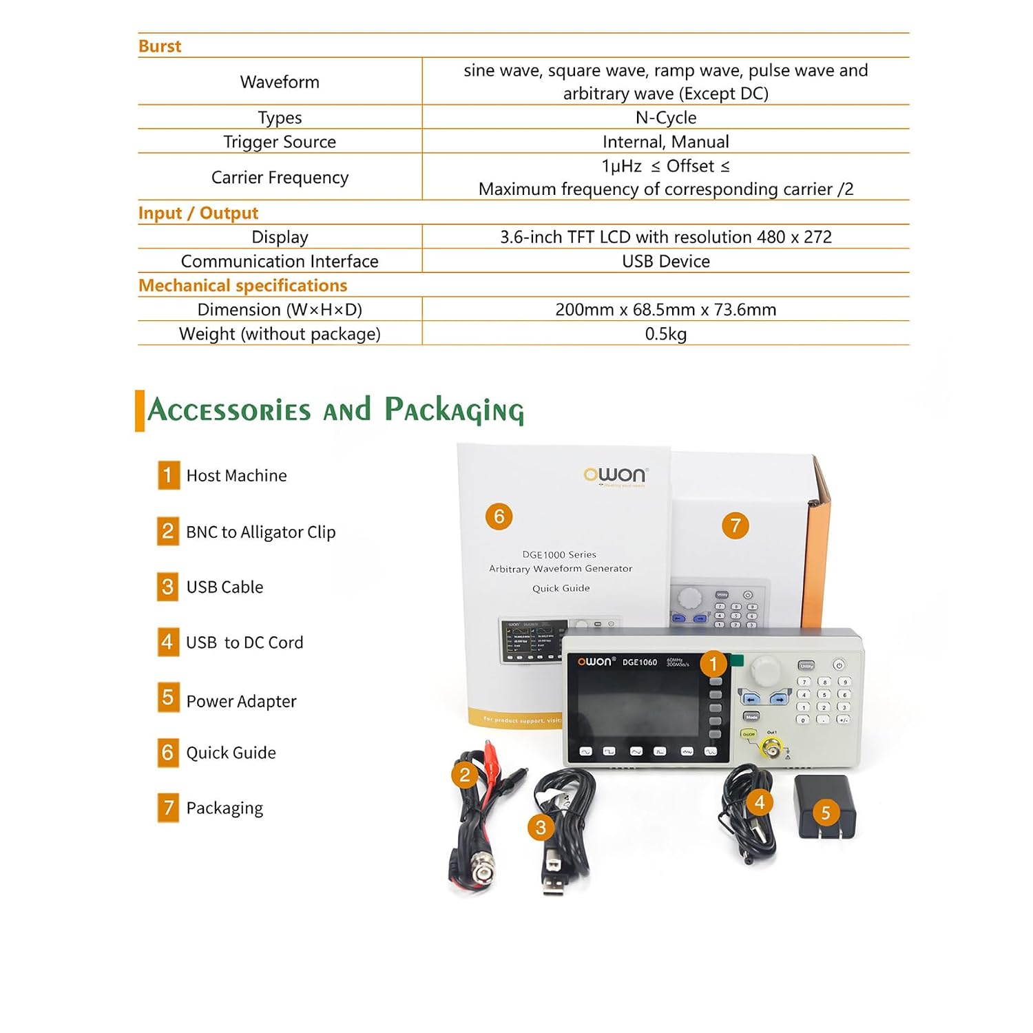 OWON Waveform Generator, 60MHz Bandwidth,300MSa/s Sampling Rate, 14 bits Vertical Resolution, 8K Waveform Length, 5 Basic Waveforms, 160 built-in Arbitrary Waveforms, with 3.6IN LCD Display DGE1060