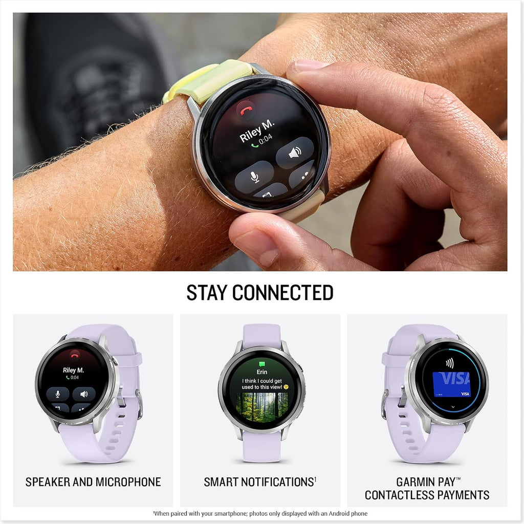 PlayBetter Garmin Venu 4 (Silver/Periwinkle, 41mm) Fitness GPS Smartwatch Bundle - AMOLED Display, Built-in Flashlight, Long Battery Life Portable Charger & HD Screen Protectors