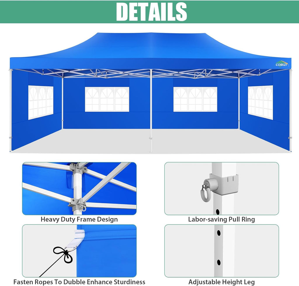 COBIZI 13x26 Heavy Duty Pop Up Canopy with 6 Sidewalls Party Tent Outdoor Wedding Large Event Tent with Roller Bag for Garden Lawn Waterproof UPF 50+ Easy Up, Blue (Framework Upgraded)