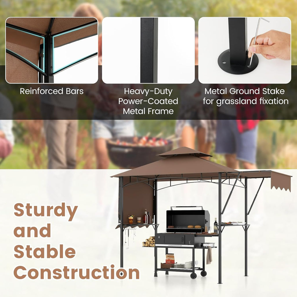 Tangkula 13x5 Ft Grill Gazebo with Dual Side Awnings, 2-Tier Barbecue Gazebo with 2 Shelves, 7 Hooks, Adjustable Shadow, Outdoor Grill Canopy for Backyard Garden Poolside (Coffee)