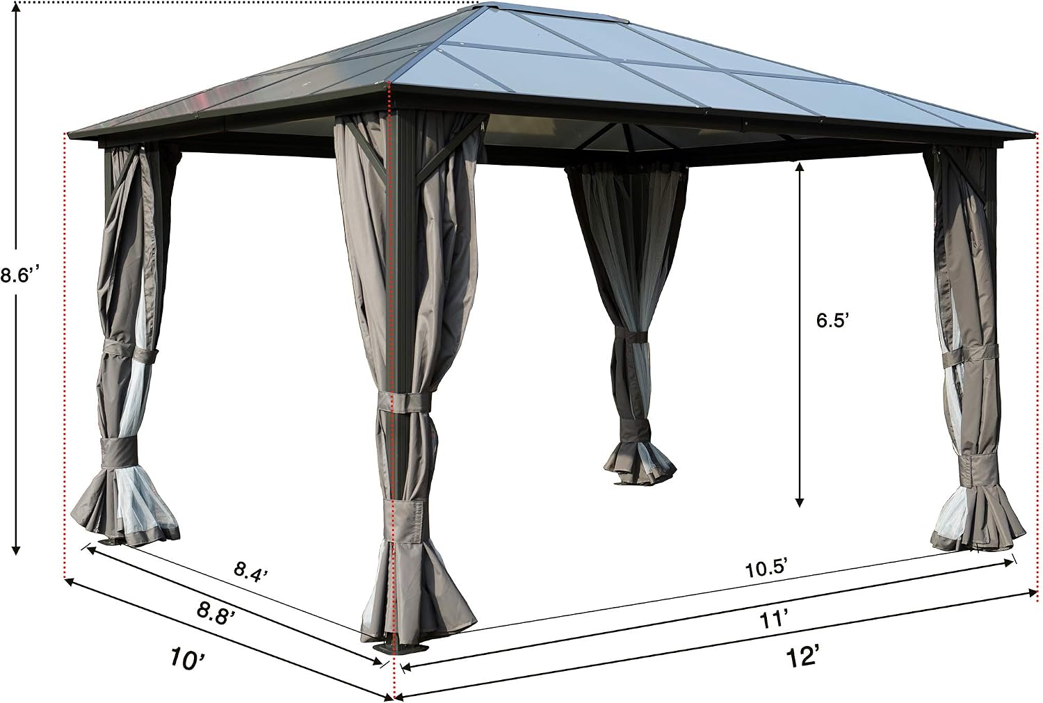 Kozyard Permanent Aluminum Hardtop Gazebo with Composite Polycarbonate Top for Outdoor Patio Lawn and Garden, Curtains and Netting Included (Edward 10ftx12ft)