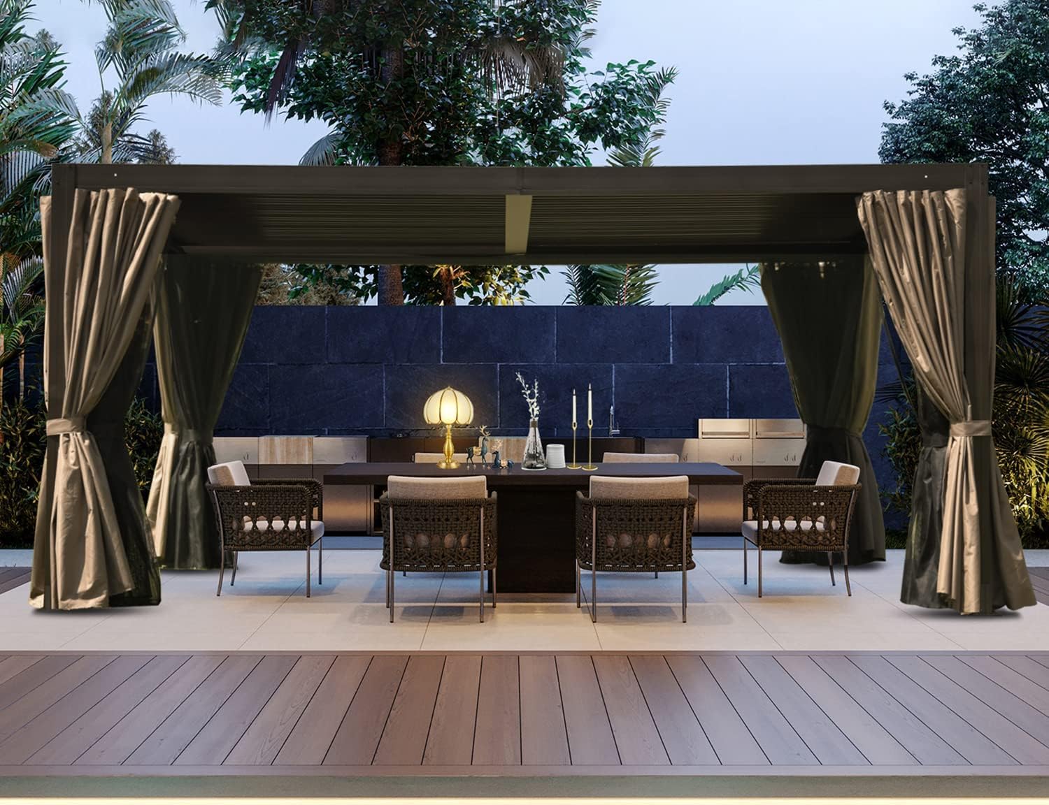 Domi Louvered Pergola 10' × 13', Outdoor Aluminium Pergola with Adjustable Roof, Curtains and Netting, Hardtop Gazebo for Patio, Deck, Garden, Yard, Beach