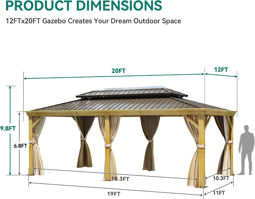 YITAHOME 12x20ft Hardtop Gazebo with Nettings and Curtains, Wood Grain Heavy Duty Double Roof Galvanized Steel Outdoor Combined of Vertical Stripes Roof for Patio, Backyard, Deck, Lawns, Brown