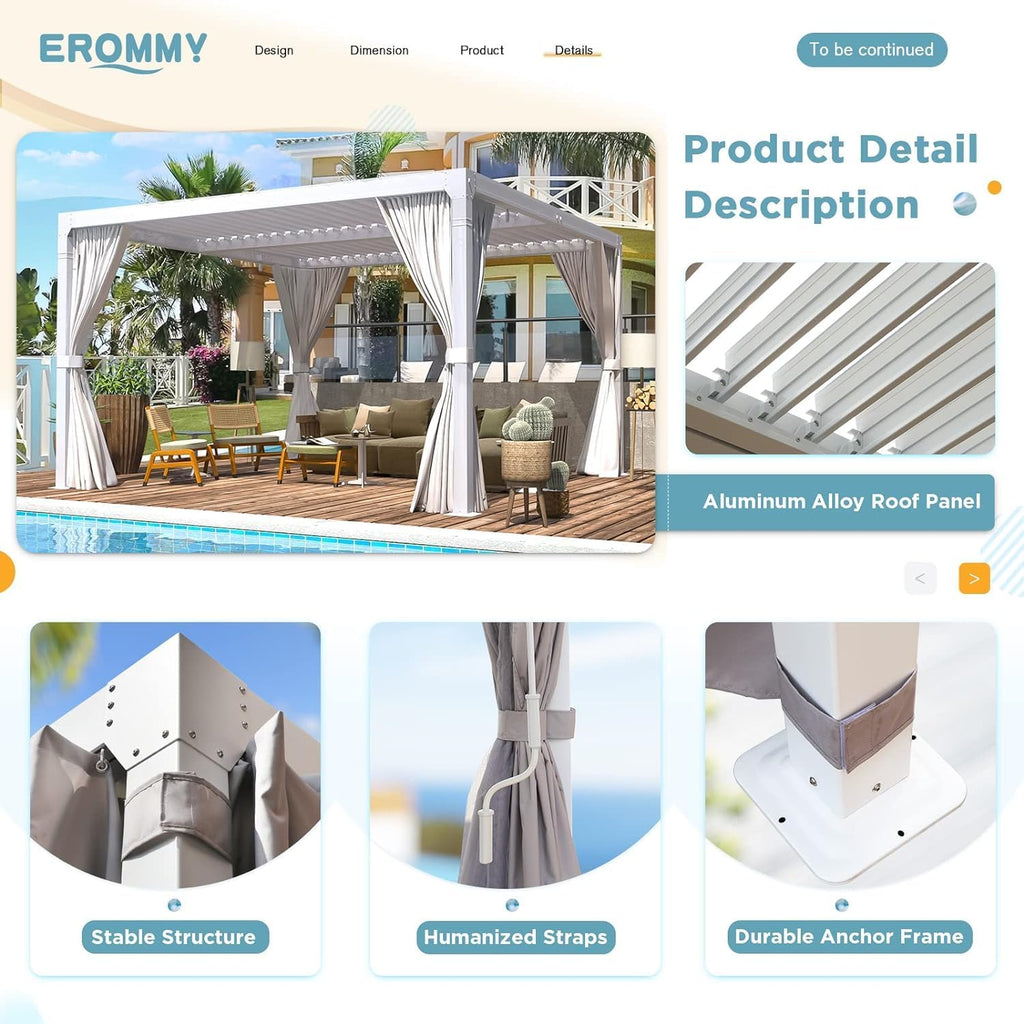 EROMMY Louvered Pergola 10x10, Outdoor Aluminum Pergola with Adjustable Rainproof Roof for Garden, Patio, Deck, Waterproof Curtains and Netting Included, White