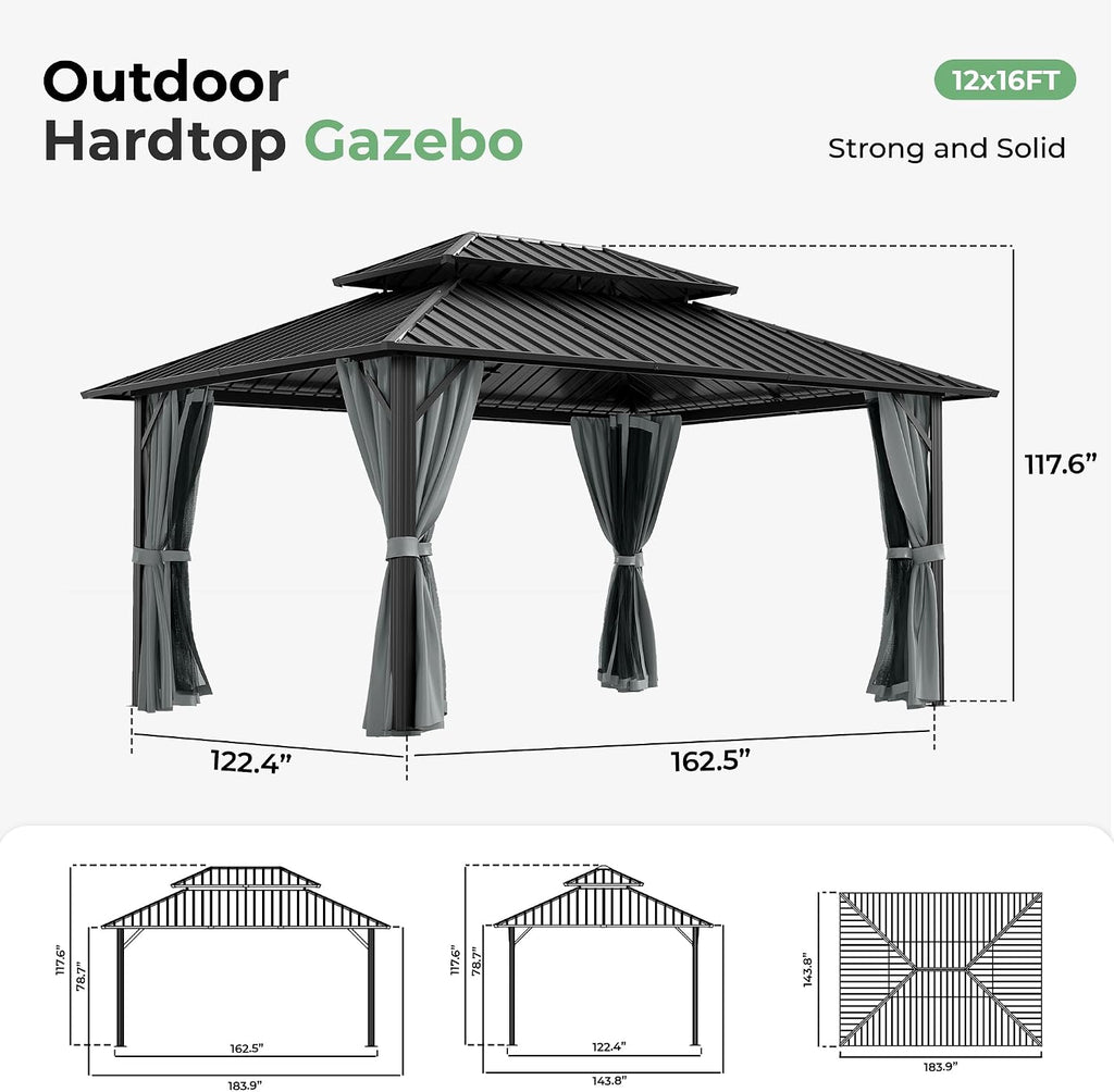 12' x 16' Hardtop Gazebo, Aluminum Frame with Double Galvanized Steel Roof,Permanent Outdoor Gazebo with Netting and Curtains for Backyard, Garden, or Deck, Gray