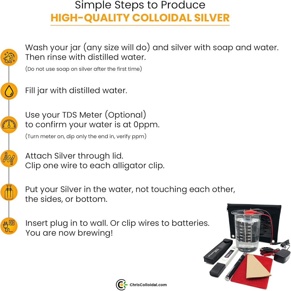 Original 12V Ionic-Nano Colloidal Silver Generator Kit with 99.995% Pure Silver Wire – Just Add Distilled Water and a Jar!