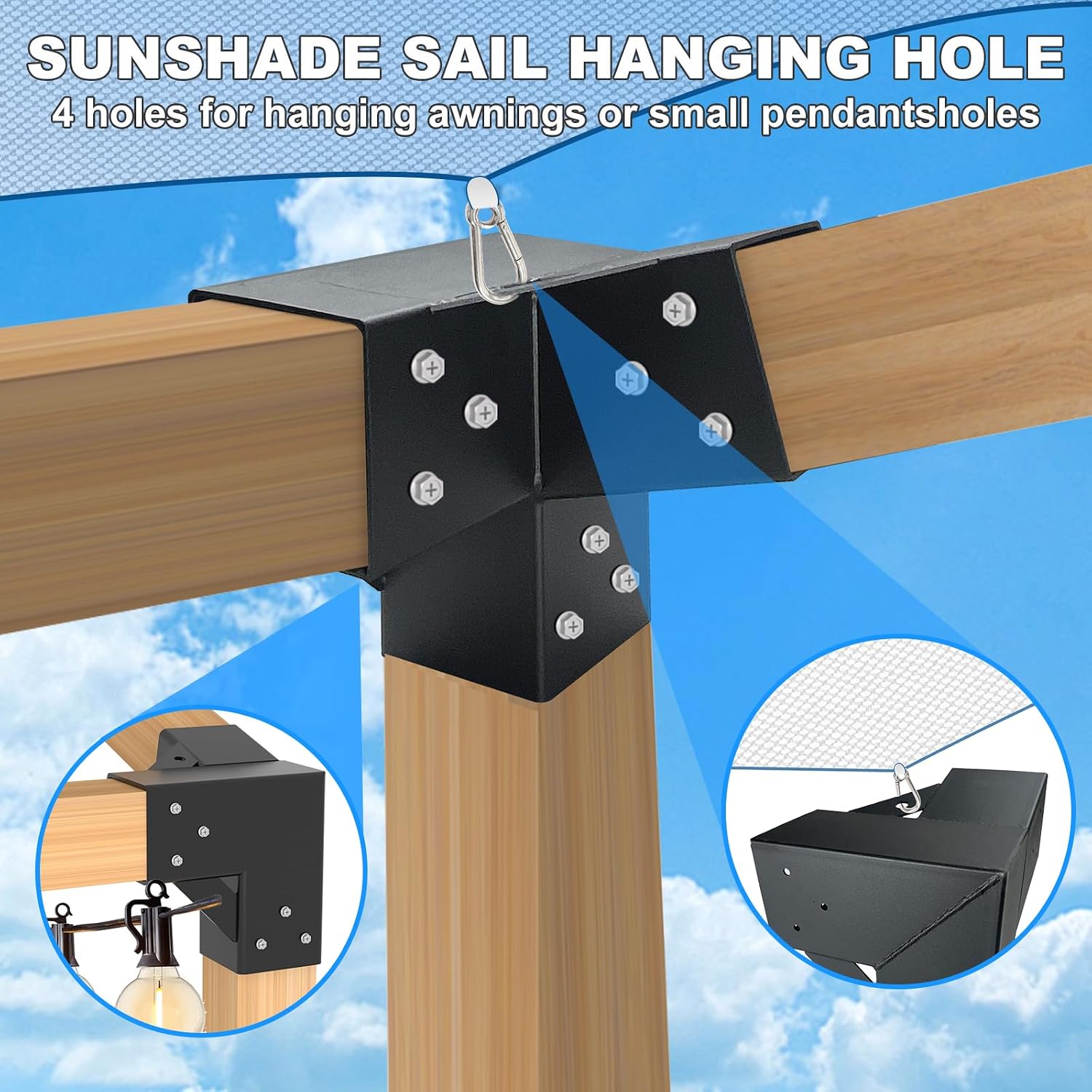 15° Angled Pergola Kit 4x4(Inner 3.64x3.64), 2PC 3-Way Slanted Pergola Roof Bracket, Post Base-Lean Corner Bracket Kit-DIY Gazebo Brackets-Hardware Kit for Outdoor Wood Beams Sunroom Carport Cabin