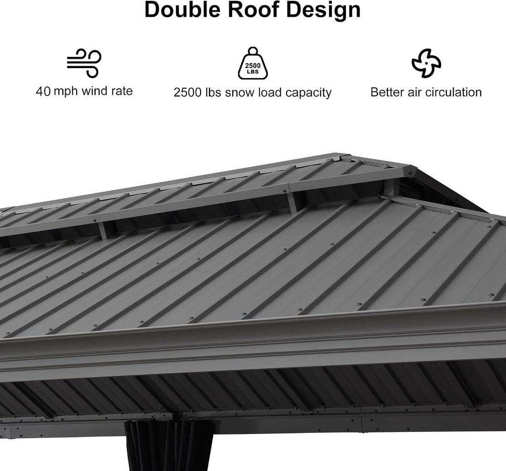 PURPLE LEAF 12' x 24' Outdoor Hardtop Gazebo with Netting and Curtains Galvanized Steel Double Roof and Aluminum Frames Permanent Wind Resistance Pavilion Gazebo for Patio Deck Garden, Light Grey
