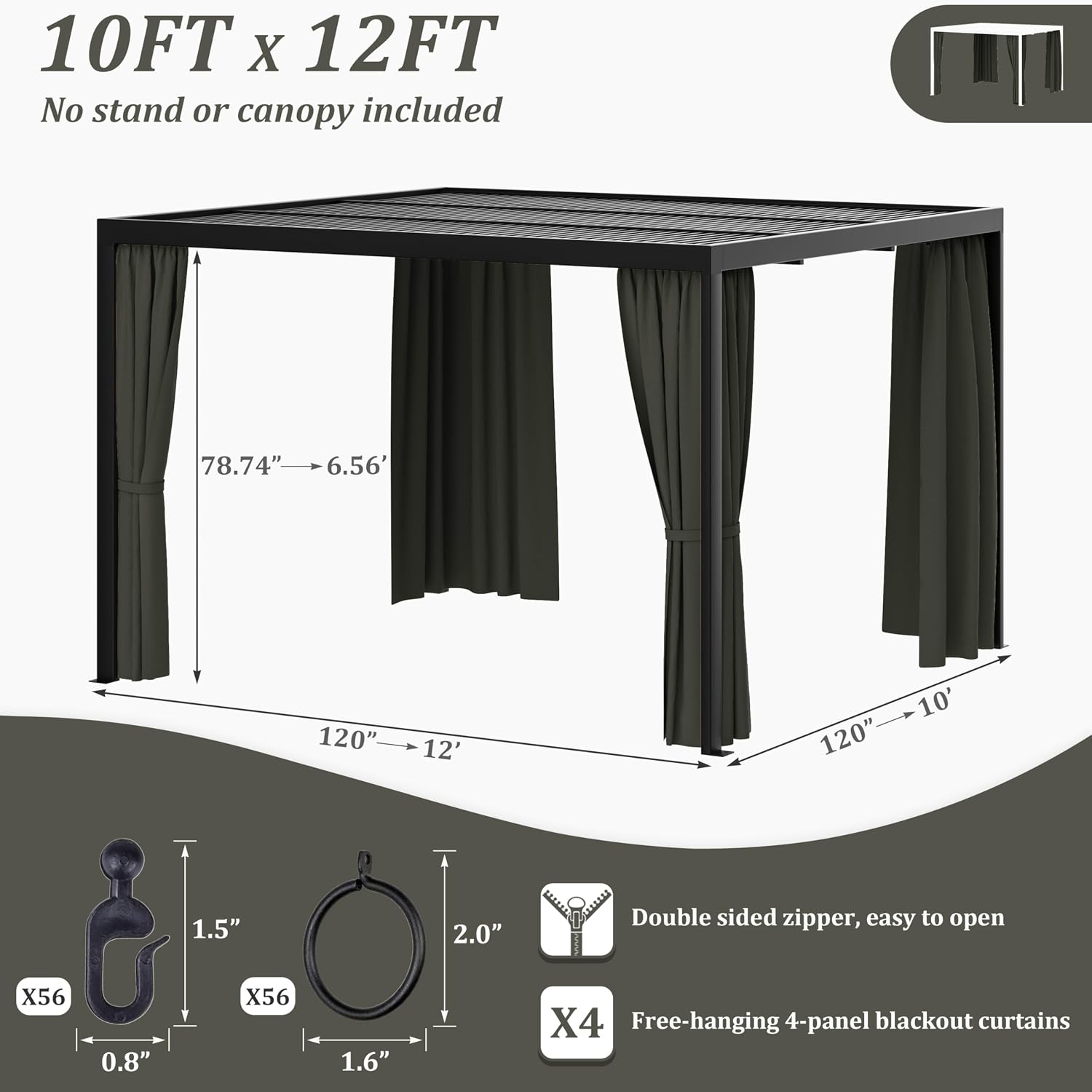 Gazebo Universal Replacement Privacy Curtain,10'×12' Gazebo Outdoor Waterproof Curtains, 4-Panels Sidewall Curtains with Double Zipper for Patio Canopy, Garden and Backyard (Curtain Only)