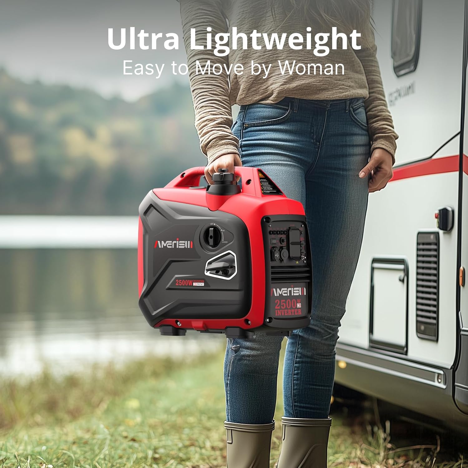 AMERISUN 2500W Portable Inverter Generator, Gas Powered Generator with CO Sensor, Super Quiet for Camping, Tailgating, Home Emergency Use, EPA Compliant