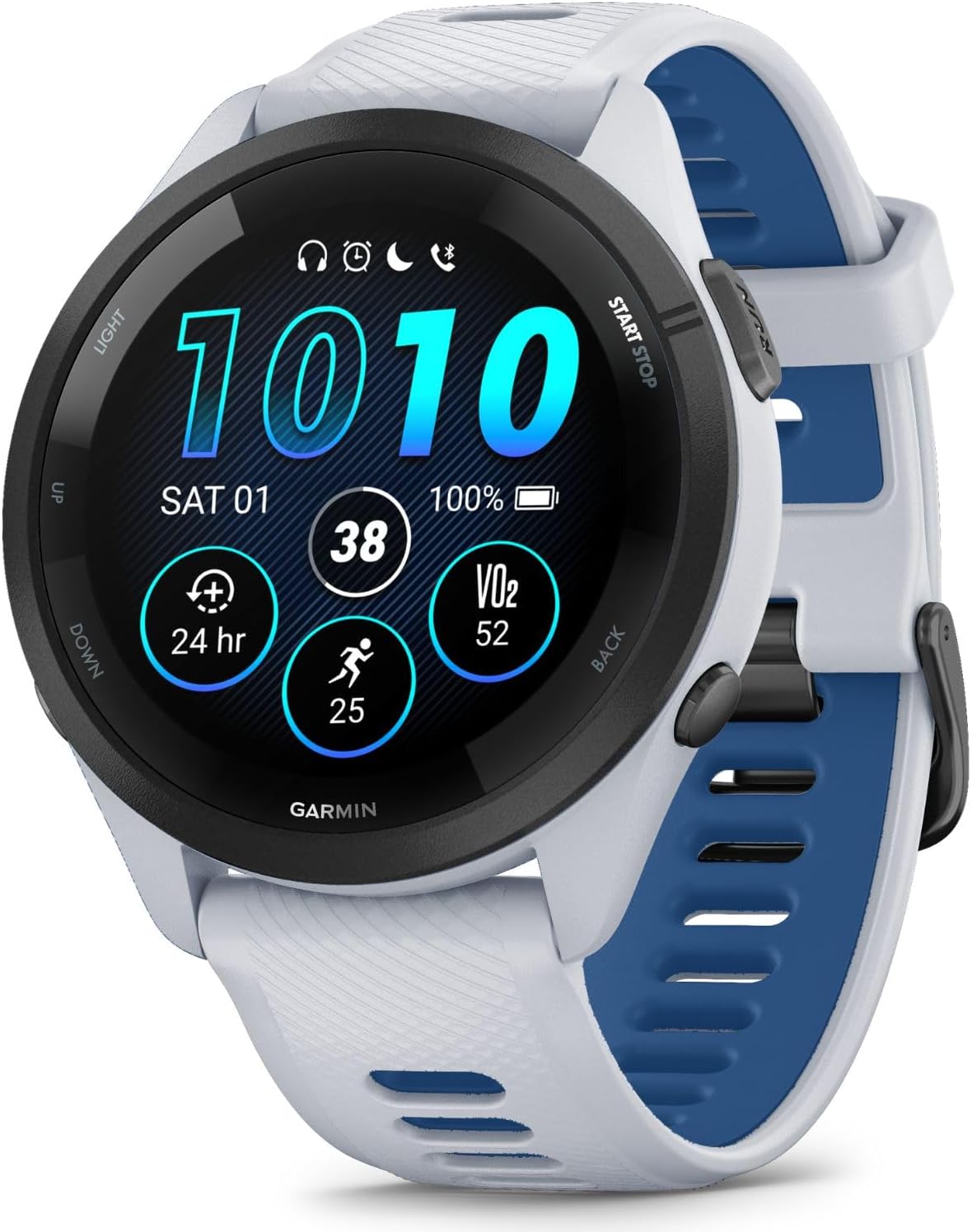 Garmin Forerunner 265 GPS Smartwatch, Whitestone/Tidal Blue Bundle with Deco Essentials Charging Dock Venu 3 + Silicone Dust Cover + USB Type C Charging and Sync Cable