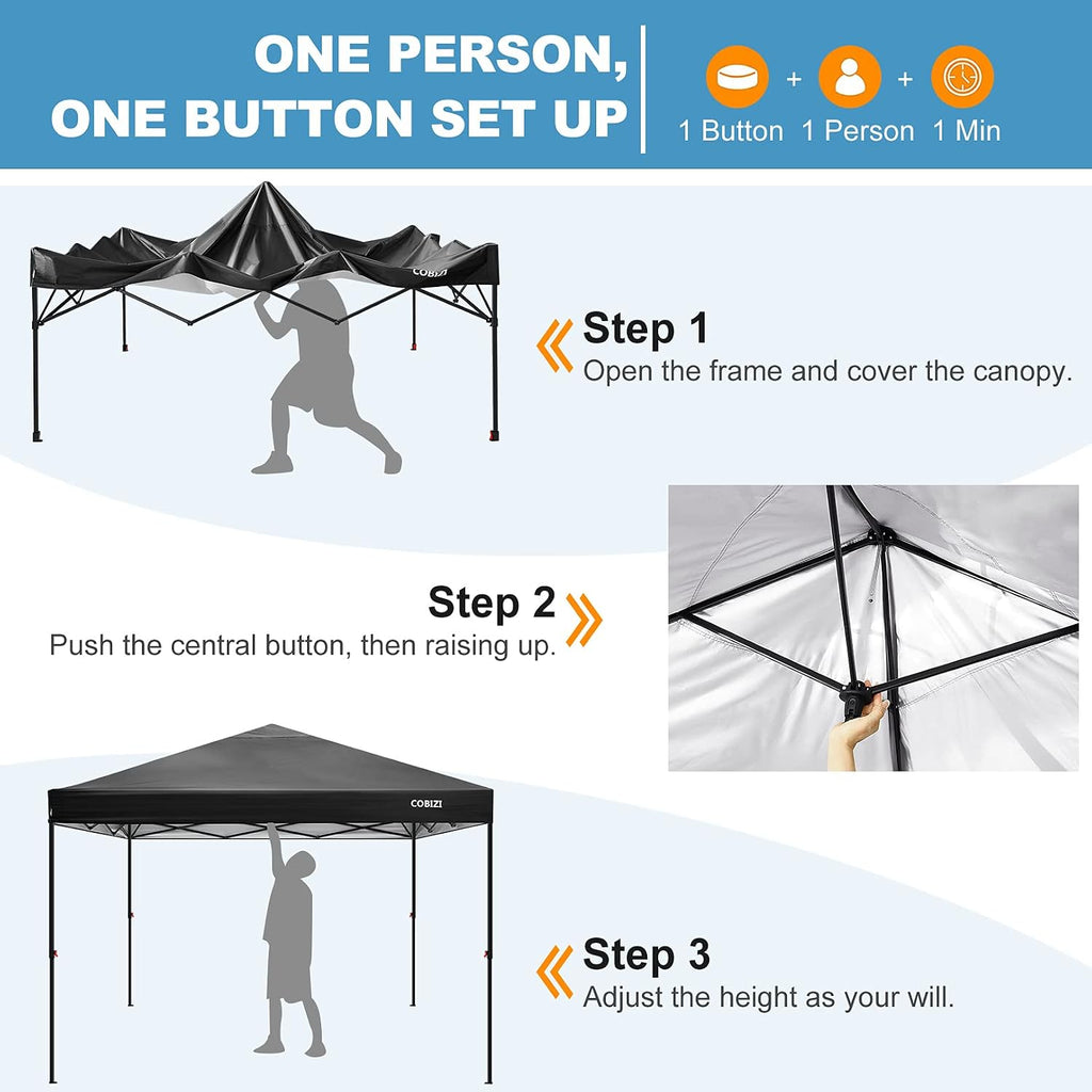 COBIZI 10x10ft Portable Pop Up Canopy Waterproof Gazebo One-Push Outdoor Canopy Party Tent Instant Shelter Sun Shade with Wheeled Carry Bag, Black