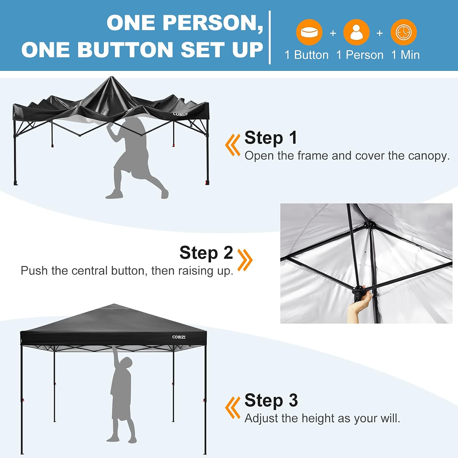 COBIZI 10x10ft Portable Pop Up Canopy Waterproof Gazebo One-Push Outdoor Canopy Party Tent Instant Shelter Sun Shade with Wheeled Carry Bag, Black