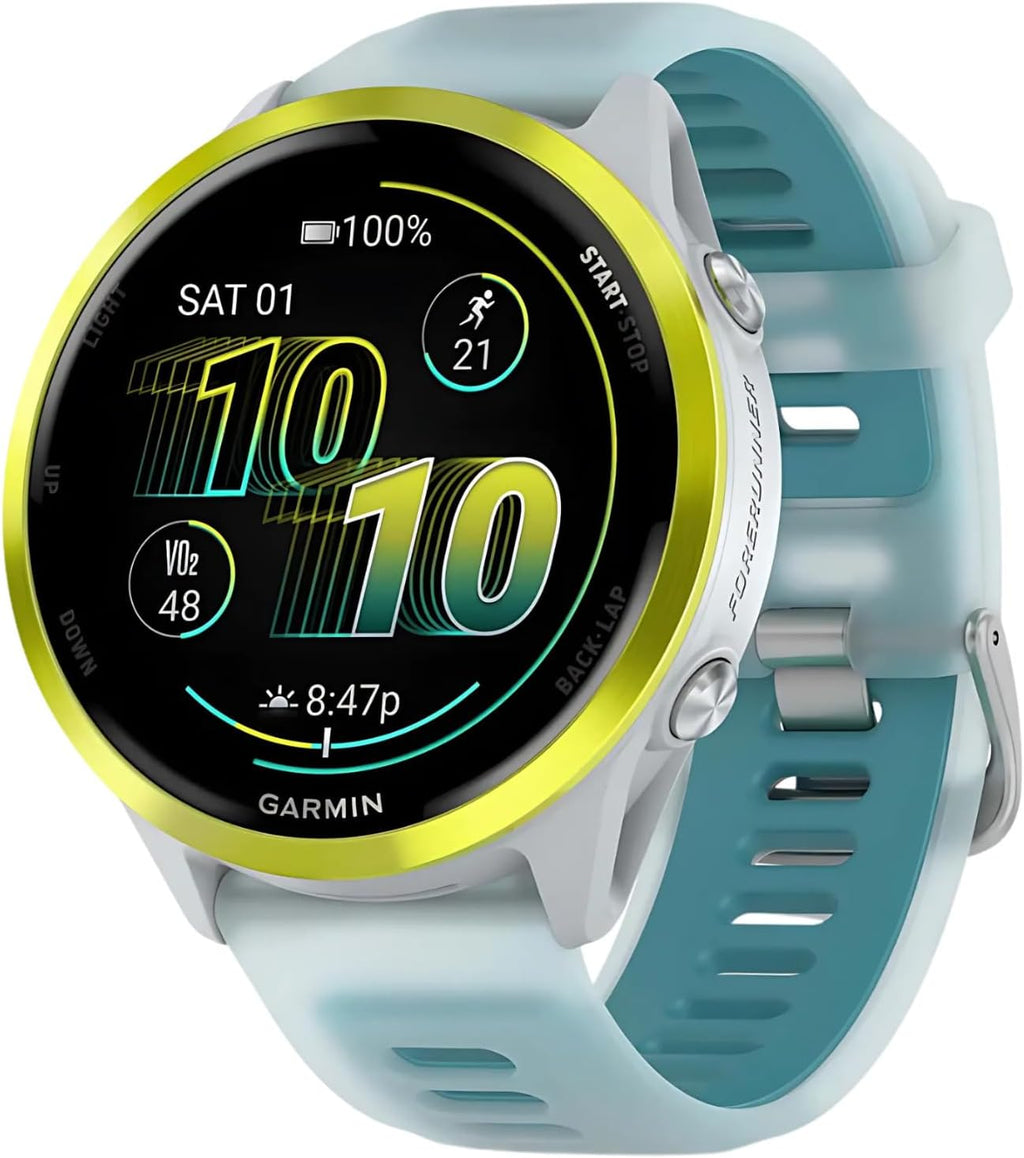Garmin Forerunner 570 47mm GPS Running Smartwatch (Amp Yellow/Whitestone Turquoise) Bundle with Stand, Charging Cable and Car Charger (3 Items)
