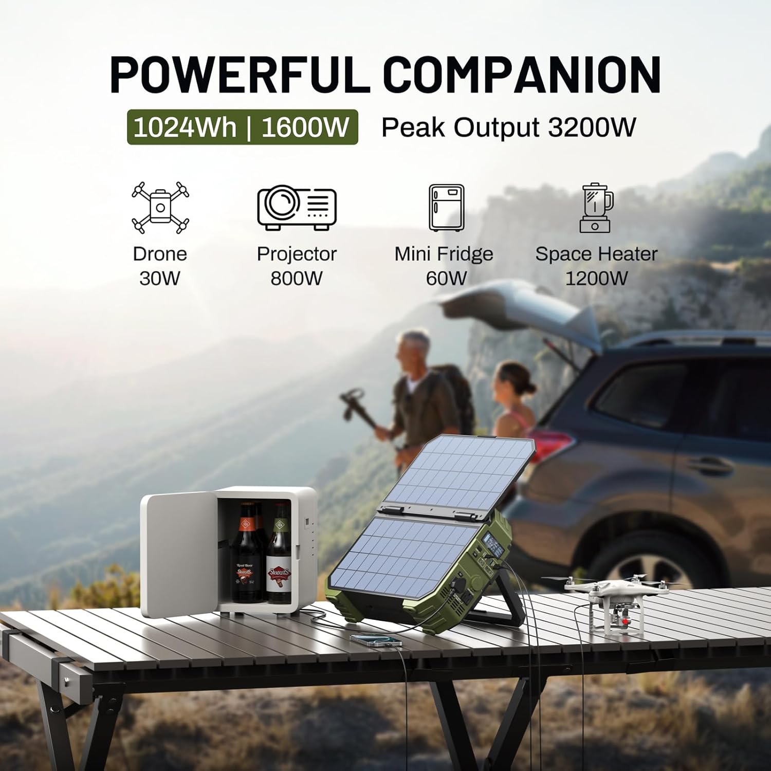 BROWEY 1600W (3200W Peak) Portable Power Station with 120W Solar Panel, 1024Wh LiFePO4 Battery with Built-in Solar Panel, Fast Charging, Solar Generator for Camping, RV, Home Backup, Emergency