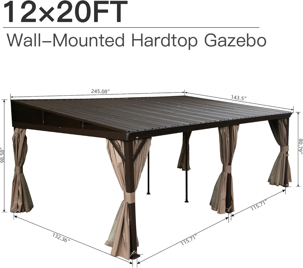 Domi 12x20FT Lean to Gazebo, Hardtop Wall Mounted Gazebo with Sloping Galvanized Steel Roof, Aluminum Frame, Drainage System, Curtains and Netting, for Patio, Deck, Garden, Backyard