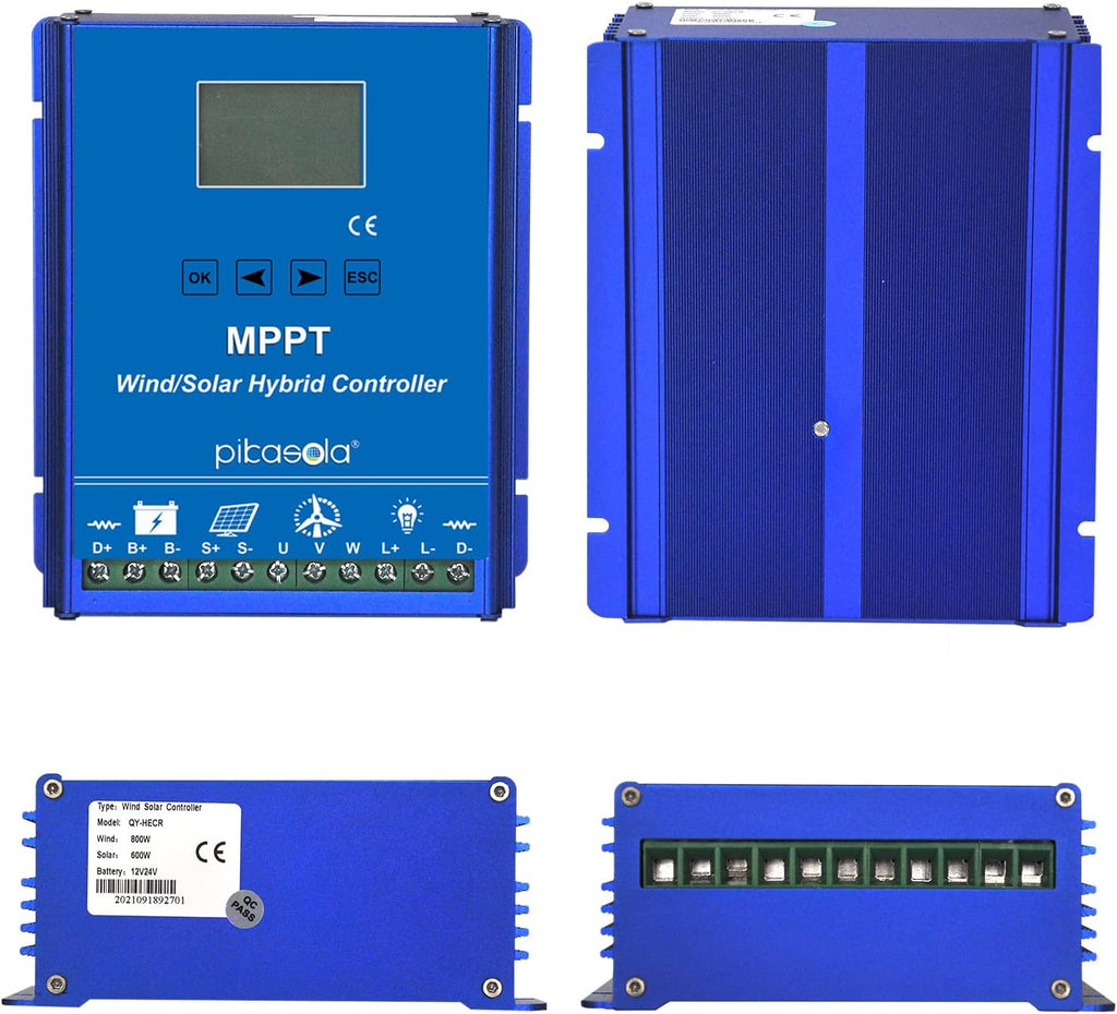 1400W Off Grid with Unloader Hybrid Wind Solar Controller Auto 12/24V Battery MPPT Charge Boost Float of max 800w Wind Turbine Generator 600w Solar Panel Home Street Light Controller