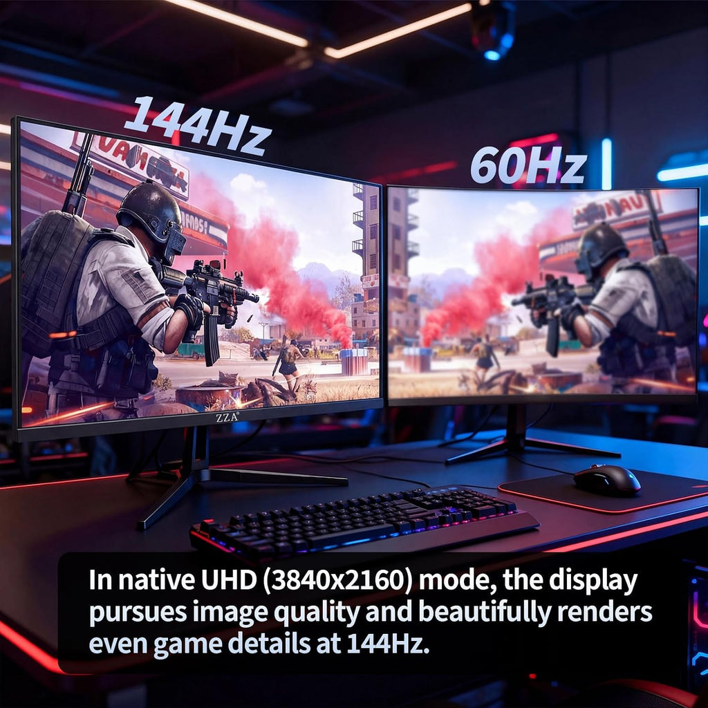 ZZA 27 Inch 4K Gaming Monitor,UHD(3840x2160) 4K 144Hz Flat Monitor, Adaptive Sync,HDMI 2.1 & DP 1.4,Tilt Adjustment PC Monitor, Wall Mountable, for Work, Streaming, and Home Office, Black