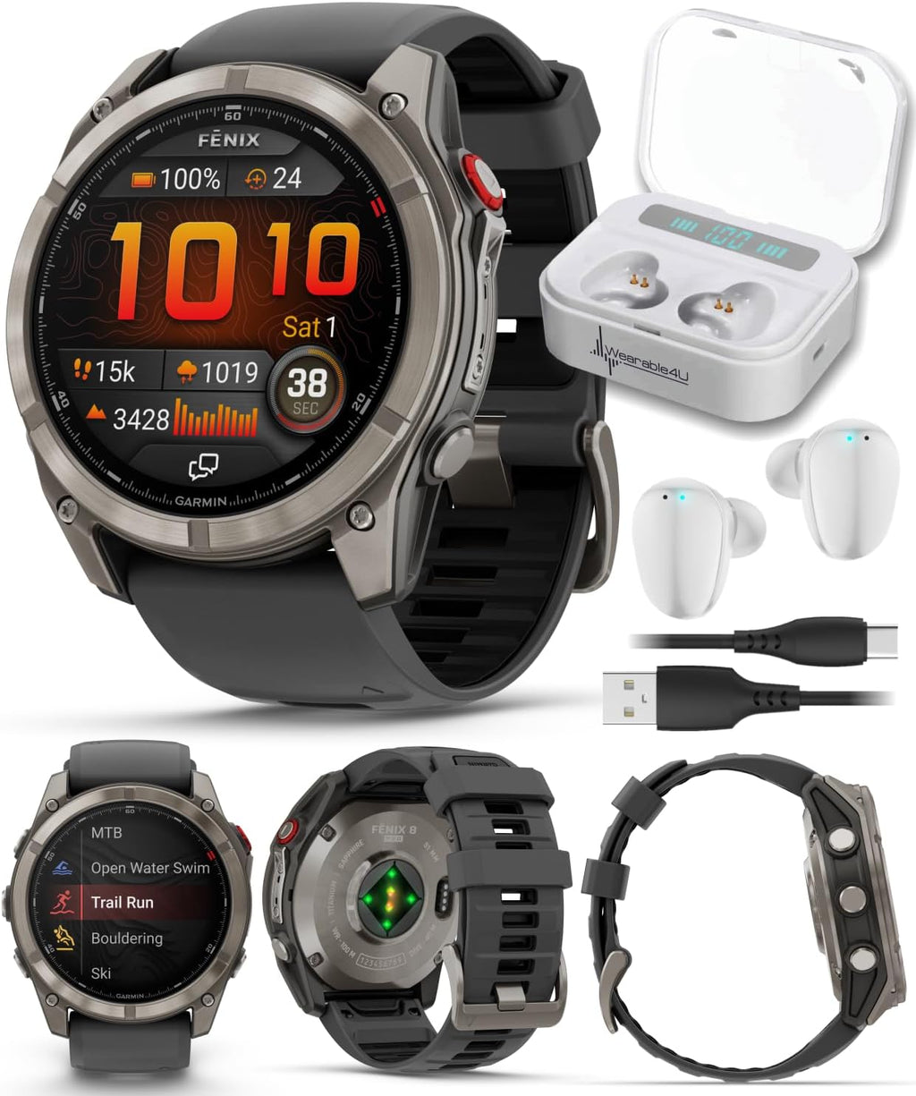 Garmin Fenix 8 Pro 51mm AMOLED Sapphire Premium Connected Multisport GPS Smartwatch, inReach Technology, Titanium with Graphite Silicone Band w/White Earbuds Bundle