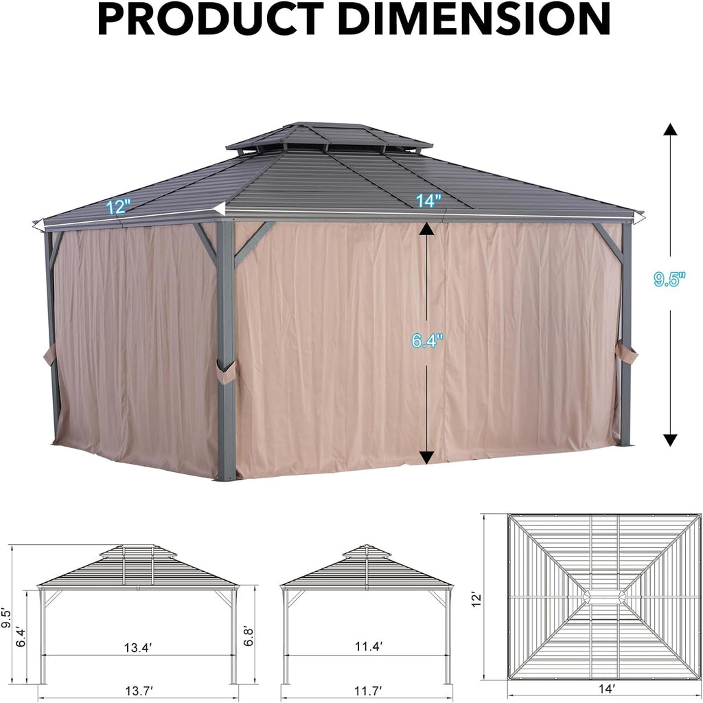 LeDoasis Nova 12' X 14' Permanent Hardtop Gazebo with Galvanized Steel Double Roof, Heavy Duty Metal Canopy with Curtains and Netting, for Patio Lawn and Garden