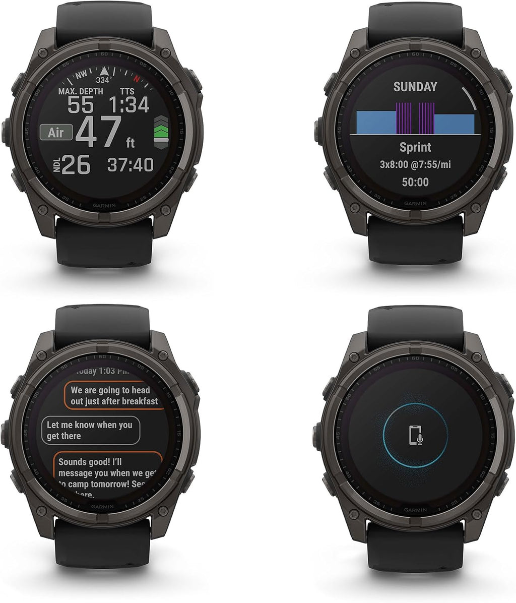 Garmin Fenix 8 51MM Solar Sapphire Multisport GPS Smartwatch Carbon Gray DLC Titanium with Black Gray Silicone Band, Built-in LED Flashlight, Fitness & Health Smart Watch Bundle for Men & Women