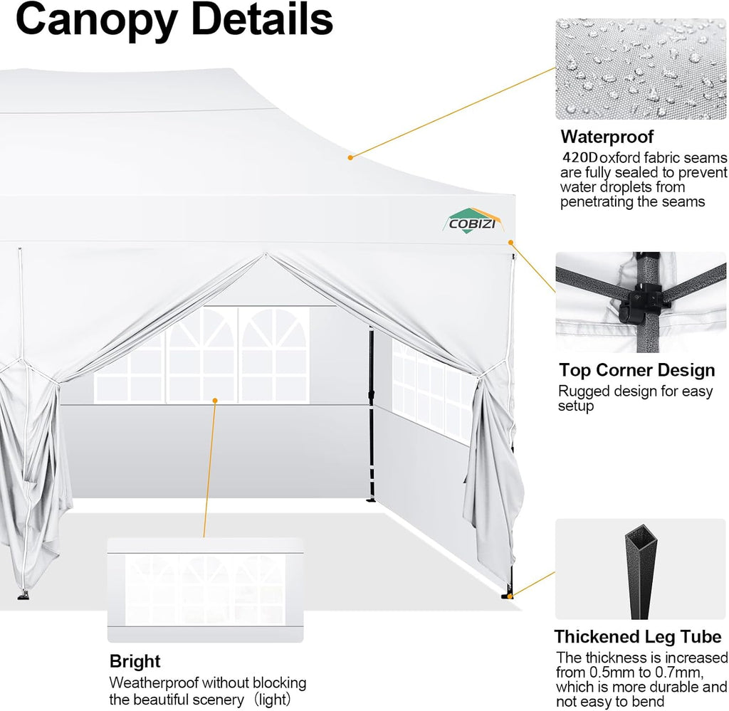 COBIZI 10x20 Pop up Canopy Tent 10x20 Canopy with 6 Sidewalls Waterproof Heavy Duty Commercial Canopy Tent for Parties Outdoor Garden Gazebo, Carry Bag with Wheel(10x20ft, White)