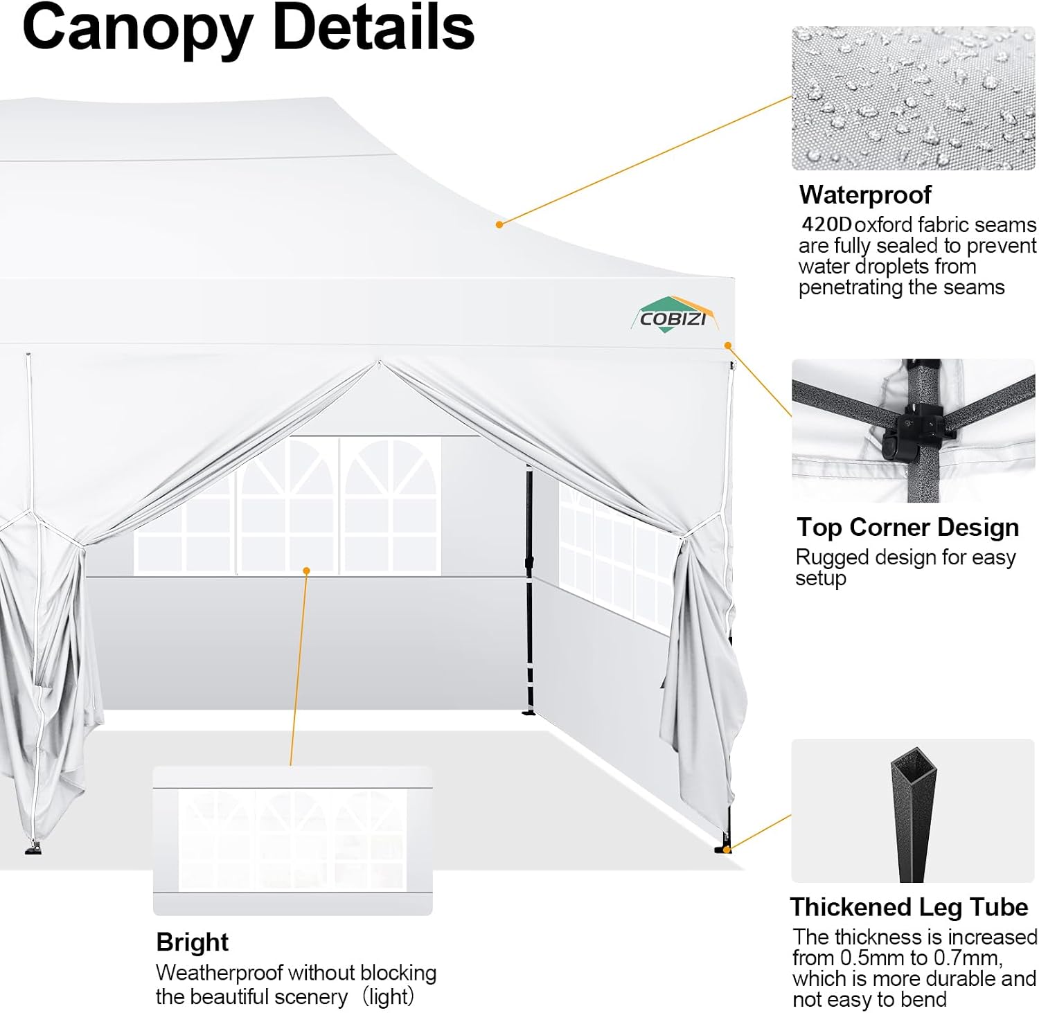 COBIZI 10x20 Pop up Canopy Tent 10x20 Canopy with 6 Sidewalls Waterproof Heavy Duty Commercial Canopy Tent for Parties Outdoor Garden Gazebo, Carry Bag with Wheel(10x20ft, White)