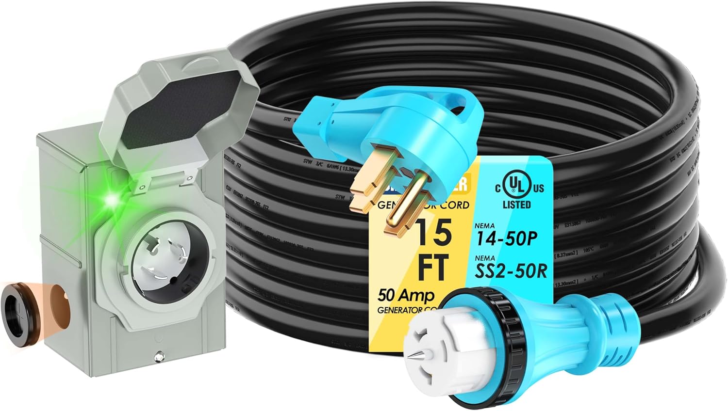 UL Listed 50 Amp 15Feet Generator Cord and Power Inlet Box Combo Kit NEMA 14-50P Male to SS2-50R STW 6/3+8/1 AWG 125/250V Twist Locking with Inlet Box for Generator to House