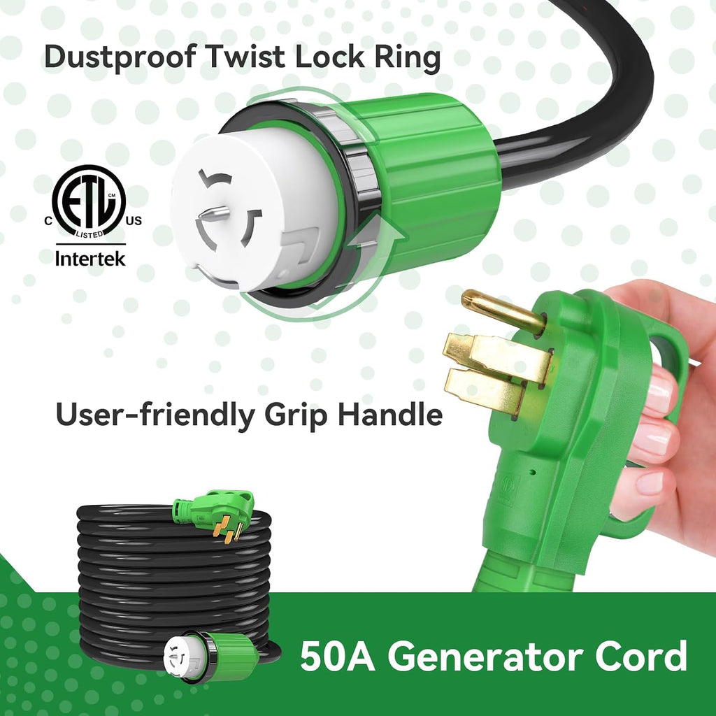 50 Amp Generator Cord 40FT and Power Inlet Box Combo Kit - Pre-Drilled, NEMA 14-50P to SS2-50R, Waterproof, ETL Listed