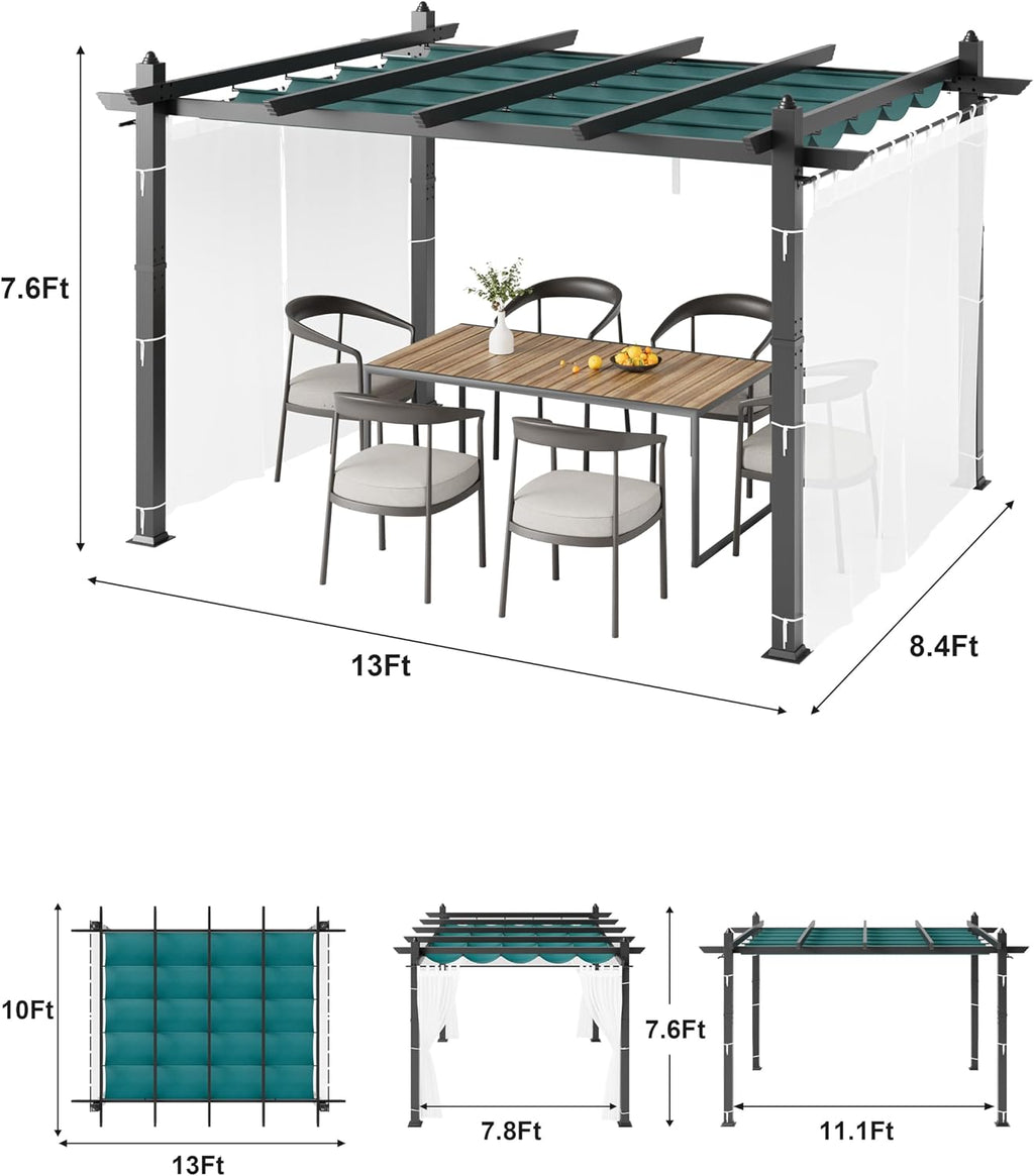 10x13 Ft Outdoor Patio Aluminum Pergola with Sun Shade Canopy & Side Mesh, Upgraded Gray Post Retractable Pergola, Modern Metal Yard Grape Trellis Gazebo for Backyard, Patio, Porch, Blue + White