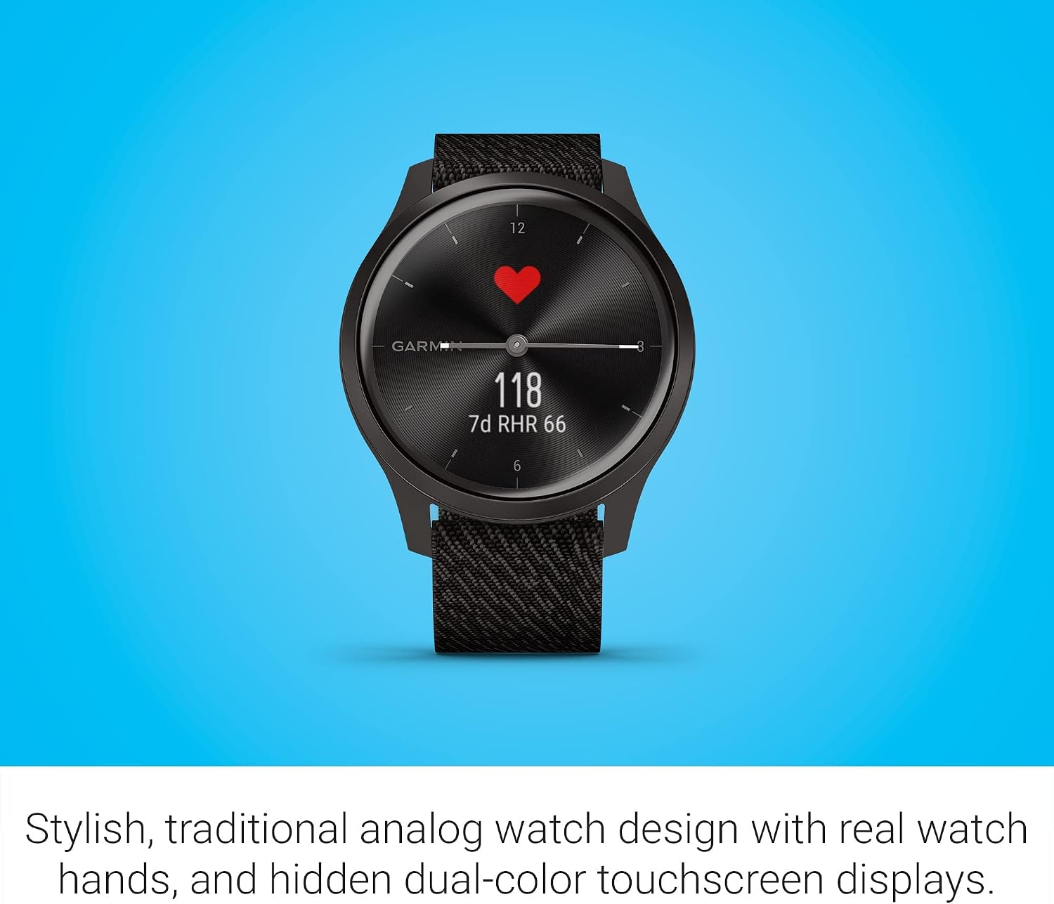 Garmin vivomove Style, Hybrid Smartwatch with Real Watch Hands and Hidden Color Touchscreen Displays, Graphite with Black Woven Nylon Band