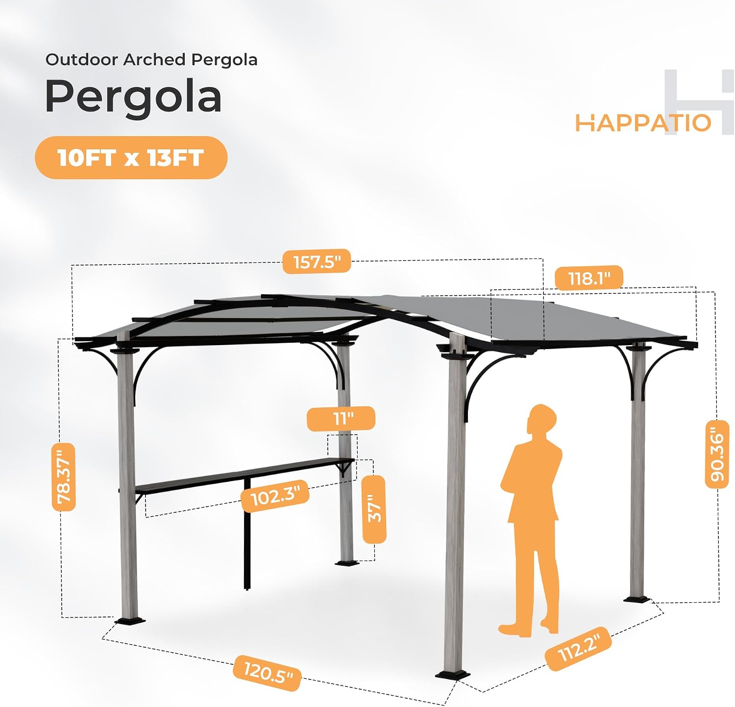 HAPPATIO 10' x 13' Arched Top Outdoor Pergola, Aluminum Frame Canopy with Bar Counter, Natural Wood-Like Frame Patio Pergola Shade for Patio, Backyard, Garden, Grey