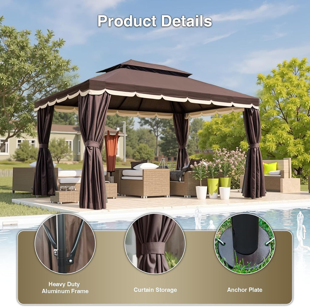 Gazebo for Patio, Outdoor 10x13 Gazebo Canopy Tent with Mosquito Netting & Curtains, Party Tent Shelter with Waterproof Double Vented Roof for Garden, Deck, Backyard, Lawn (Brown)