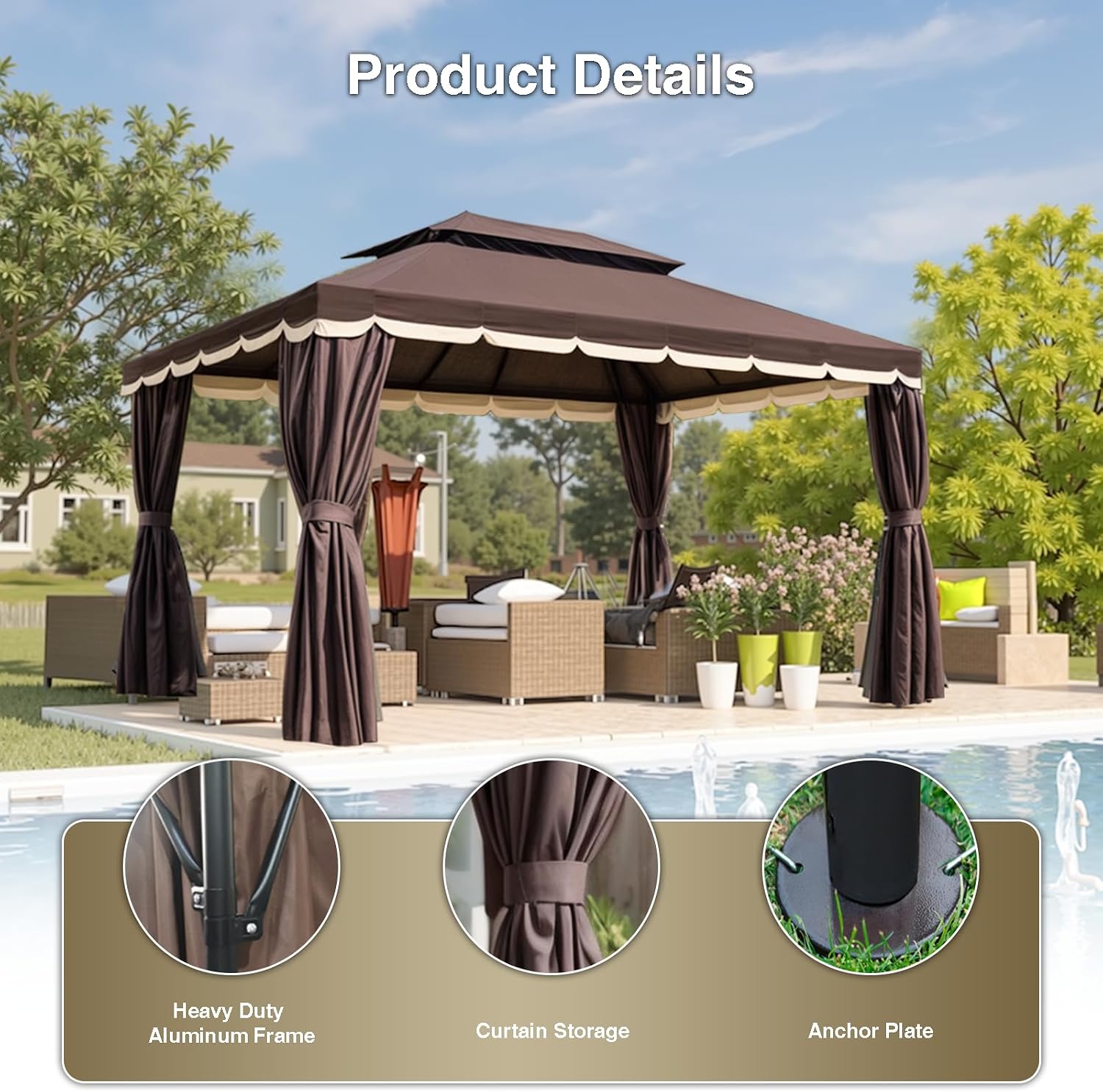 Gazebo for Patio, Outdoor 10x13 Gazebo Canopy Tent with Mosquito Netting & Curtains, Party Tent Shelter with Waterproof Double Vented Roof for Garden, Deck, Backyard, Lawn (Brown)
