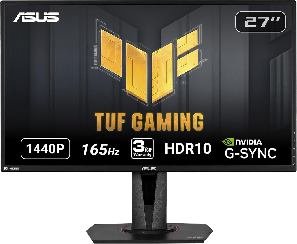 ASUS TUF Gaming 27' 2K HDR Gaming Monitor (VG27AQ) - QHD (2560 x 1440), 165Hz (Supports 144Hz), 1ms, Extreme Low Motion Blur, Speaker, G-SYNC Compatible, VESA Mountable, DisplayPort, HDMI,Black