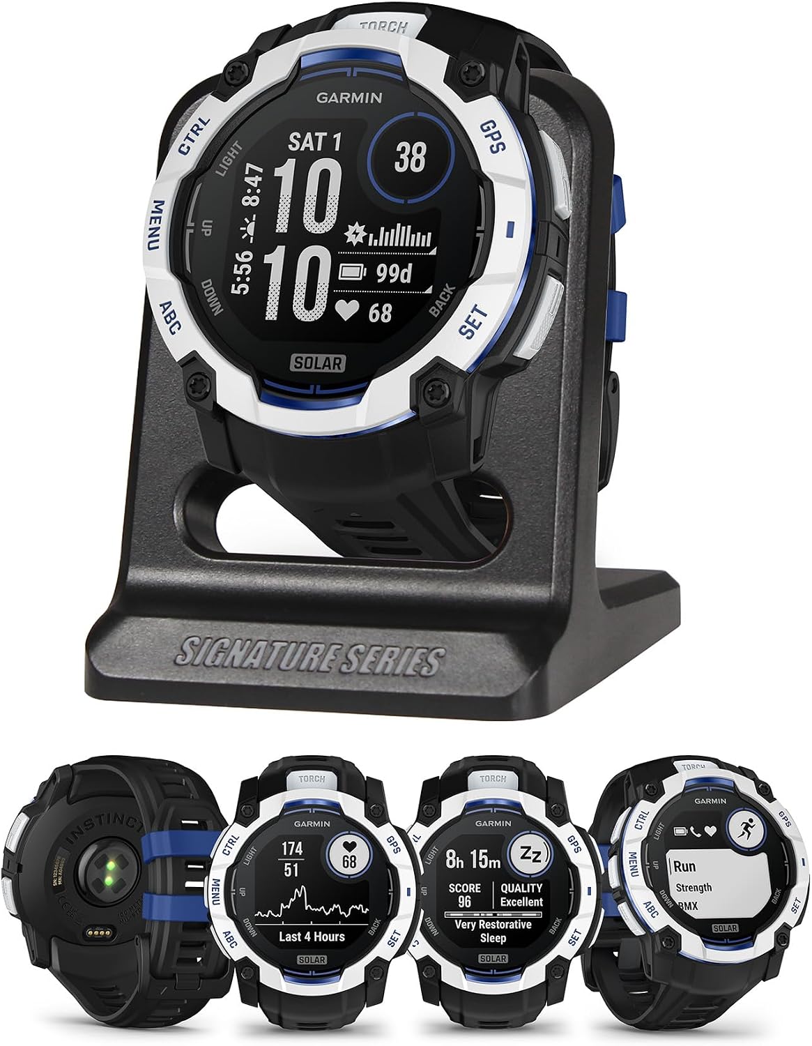 Garmin Instinct 3 Solar 50mm, Rugged Outdoor GPS Smartwatch, Built-in Flashlight, Health Tracking, Supernova Collection, Silicone Band | Black/Bolt Blue, Signature Series Mission-Ready Power Dock