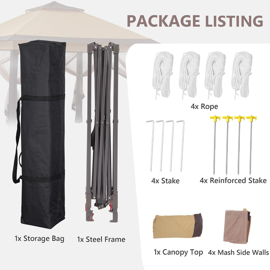 11x11 Pop Up Camping Shelters Tent, Outdoor Tent with Netting, Outdoor Shelters for Backyard, Screen House with Wheeled Cover Bag, Brown.