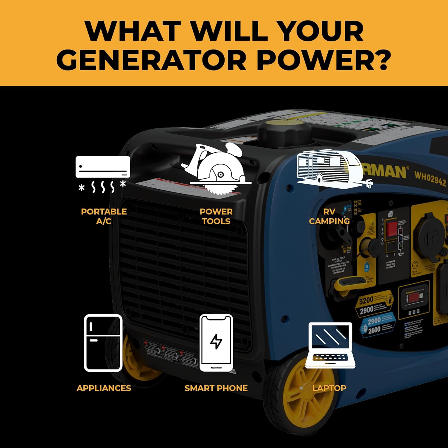 FIRMAN WH02942 Dual Fuel Inverter Portable Generator, 3200W Electric Start, Quiet 58 dB Operation, RV Ready TT-30R Outlet, Clean Inverter Power, Gas or Propane for Camping, Home Backup, Outdoor Use