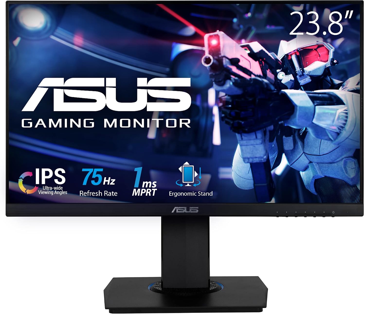 ASUS (VG246H 23.8' 1080P Gaming Monitor - Full HD, IPS, 75Hz, 1ms, FreeSync, Extreme Low Motion Blur, Low Blue Light, Flicker Free, VESA Mountable, HDMI, VGA, Height Adjustable, 12.8'x21.3'x2',Black