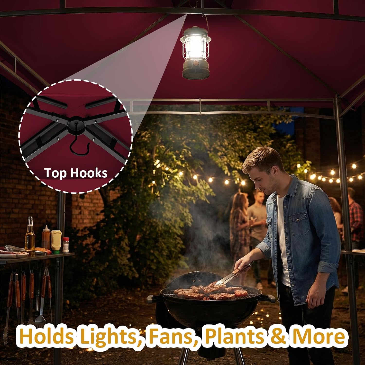 CHARMELEON 8x8 FT Grill Gazebo,Grill Canopy with Big Awning&2 Side Shelves&6 Hooks,Powder-Coated Steel BBQ Shelter for Patio Backyard Outdoor Grilling-Burgundy