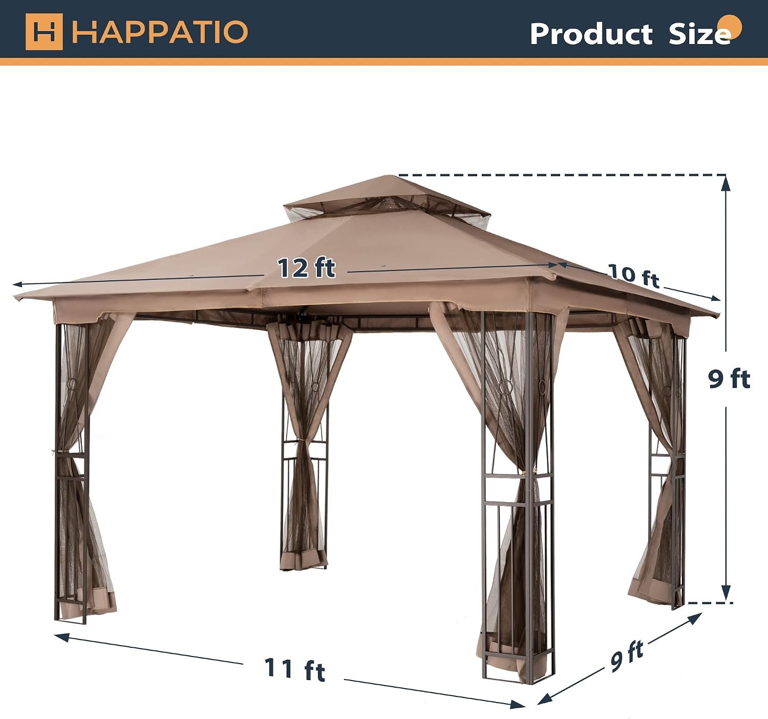 HAPPATIO 10' X 12' Outdoor Patio Gazebo, Outdoor Canopy Gazebo for Garden