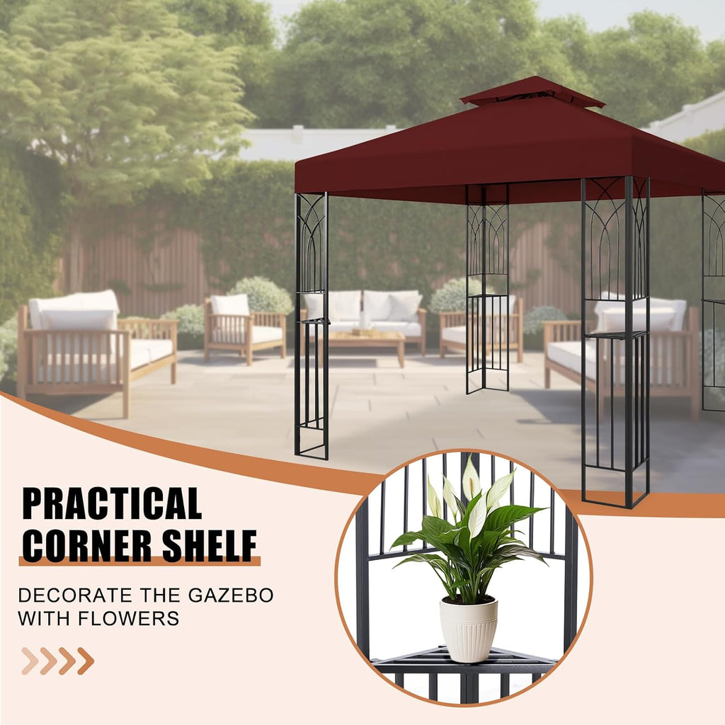 8x8 Outdoor Gazebo for Backyard, Patio Gazebo Tent with Corner Shelves, Red