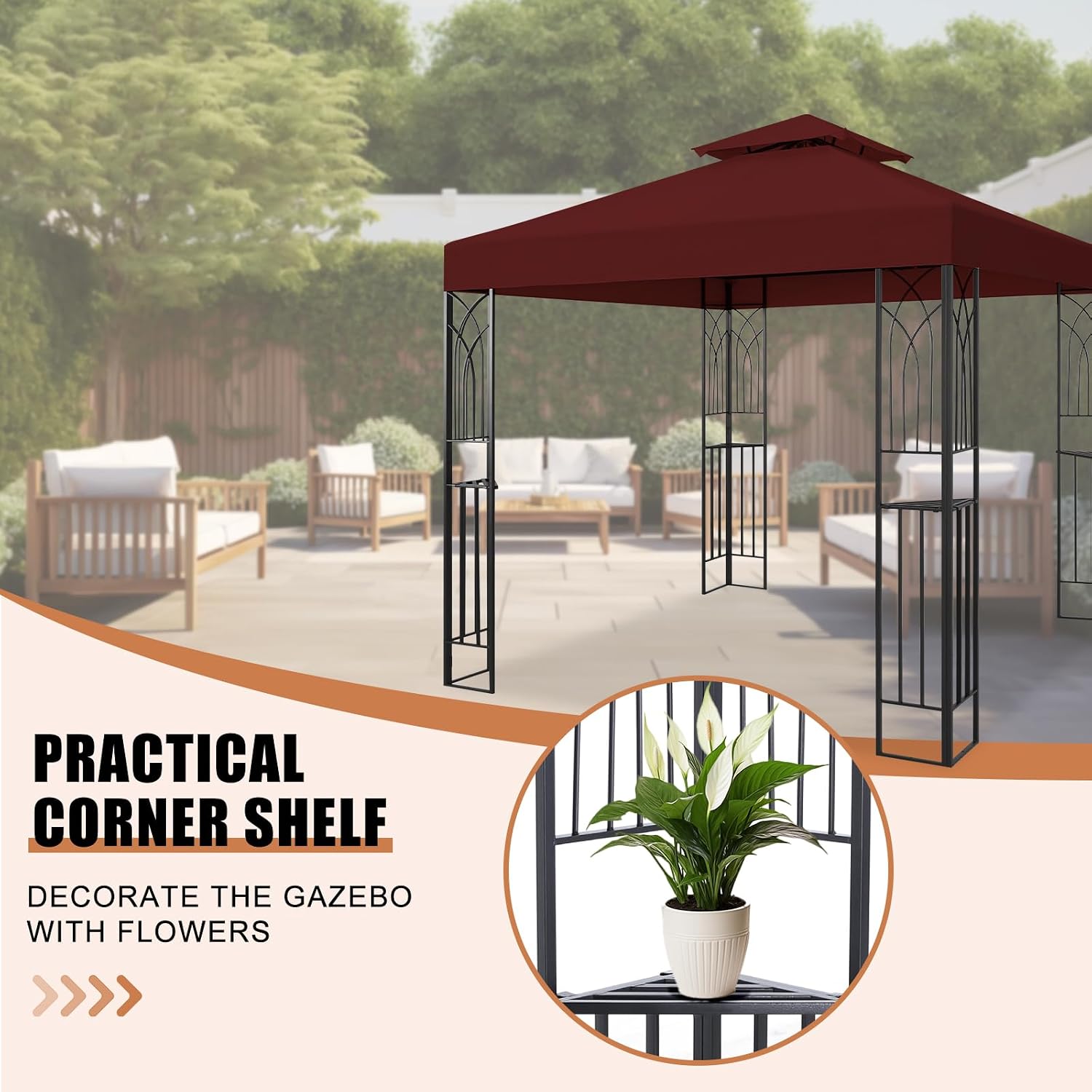 8x8 Outdoor Gazebo for Backyard, Patio Gazebo Tent with Corner Shelves, Red
