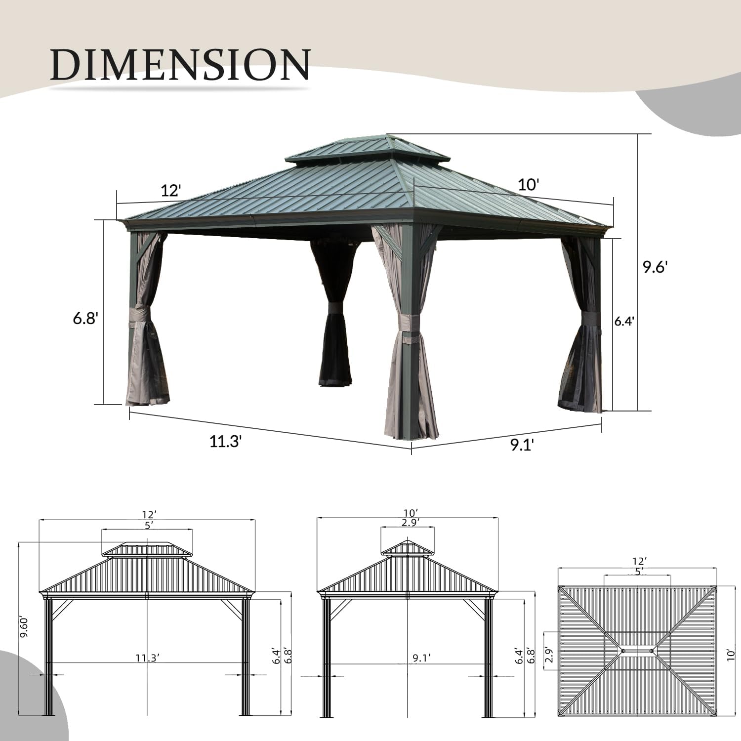 Domi 10'x12' Hardtop Gazebo with Aluminum Frame, Outdoor Metal Gazebo with Galvanized Steel Double Roof, Heavy Duty Curtains and Netting Included, Permanent Pergola for Backyard, Garden Lawn, Grey