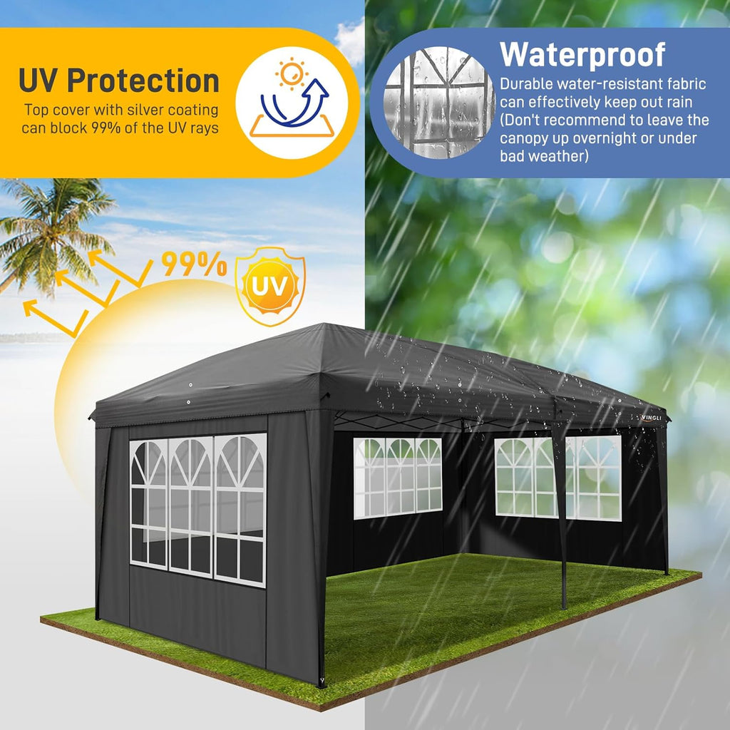 VINGLI 10x20 ft Pop Up Canopy Tent with 6 Sidewalls with Carry Bag, Outdoor Canopy Patio Event Tent Commercial Canopy(Black)