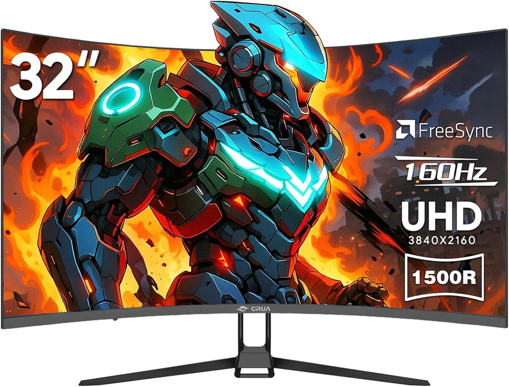 CRUA 32' Curved Gaming Monitor, 4k UHD(3840 * 2160P) VA Screen, 1500R, 144Hz/160Hz Computer Moniter, Supports AMD Freesync, 120% sRGB, Built-in Speakers, Wall Mountable Installs(HDMI 2.1/DP 1.4)-Black