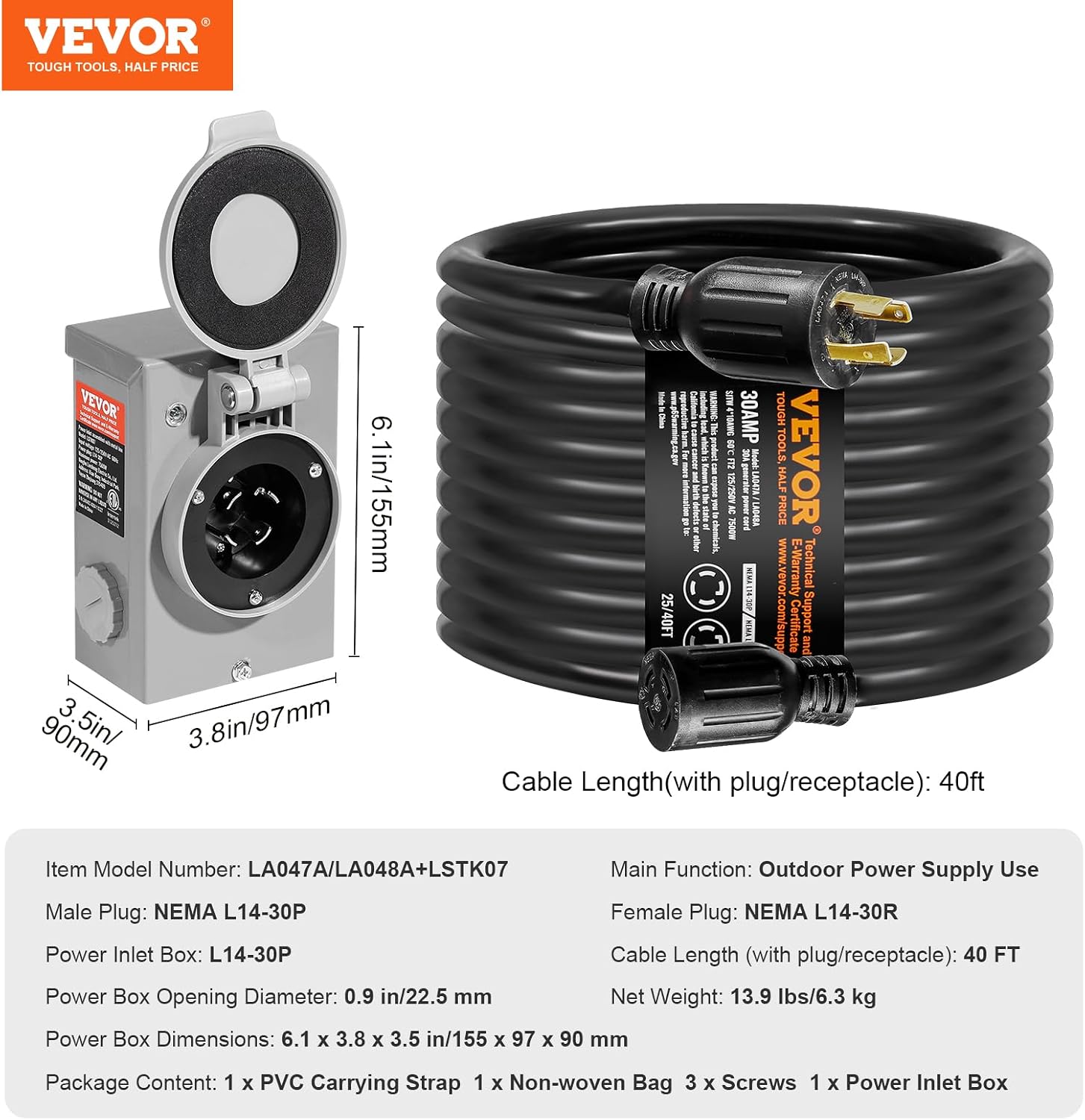 VEVOR 30 Amp Generator Cord and Power Inlet Box Kit, 40 FT Generator Extension Cord NEMA L14-30P/L14-30R STW 10 AWG with Twist Lock Connector, Pre-Drilled Inlet Box, ETL Listed