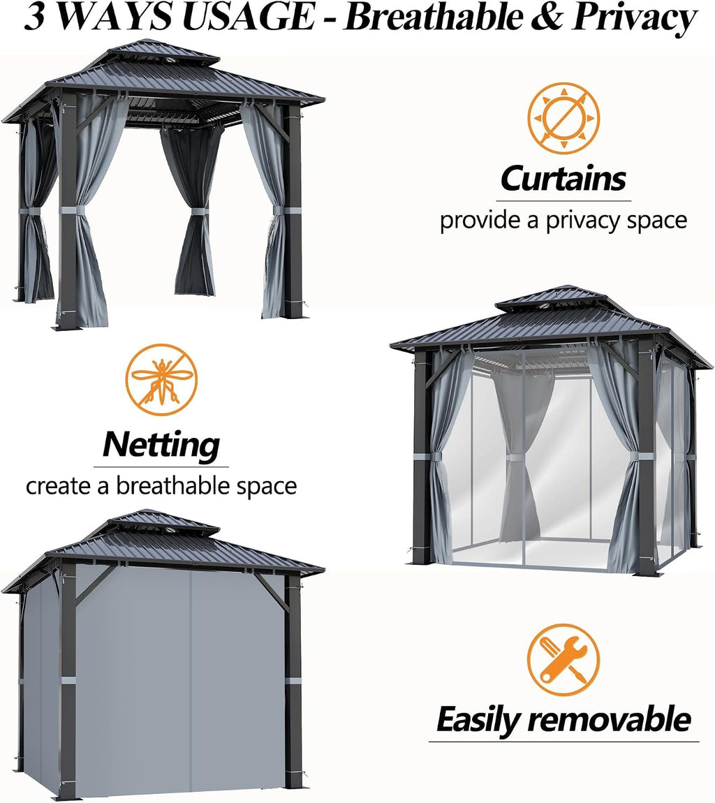 GARTOO 8.5x8.5FT Outdoor Hardtop Gazebo - Aluminum Heavy-Duty Steel Top Gazebo with Breathable Netting & Privacy Curtain, Double Roof Gazebos for Patio, Porch, Garden, Lawn, Deck, Backyard