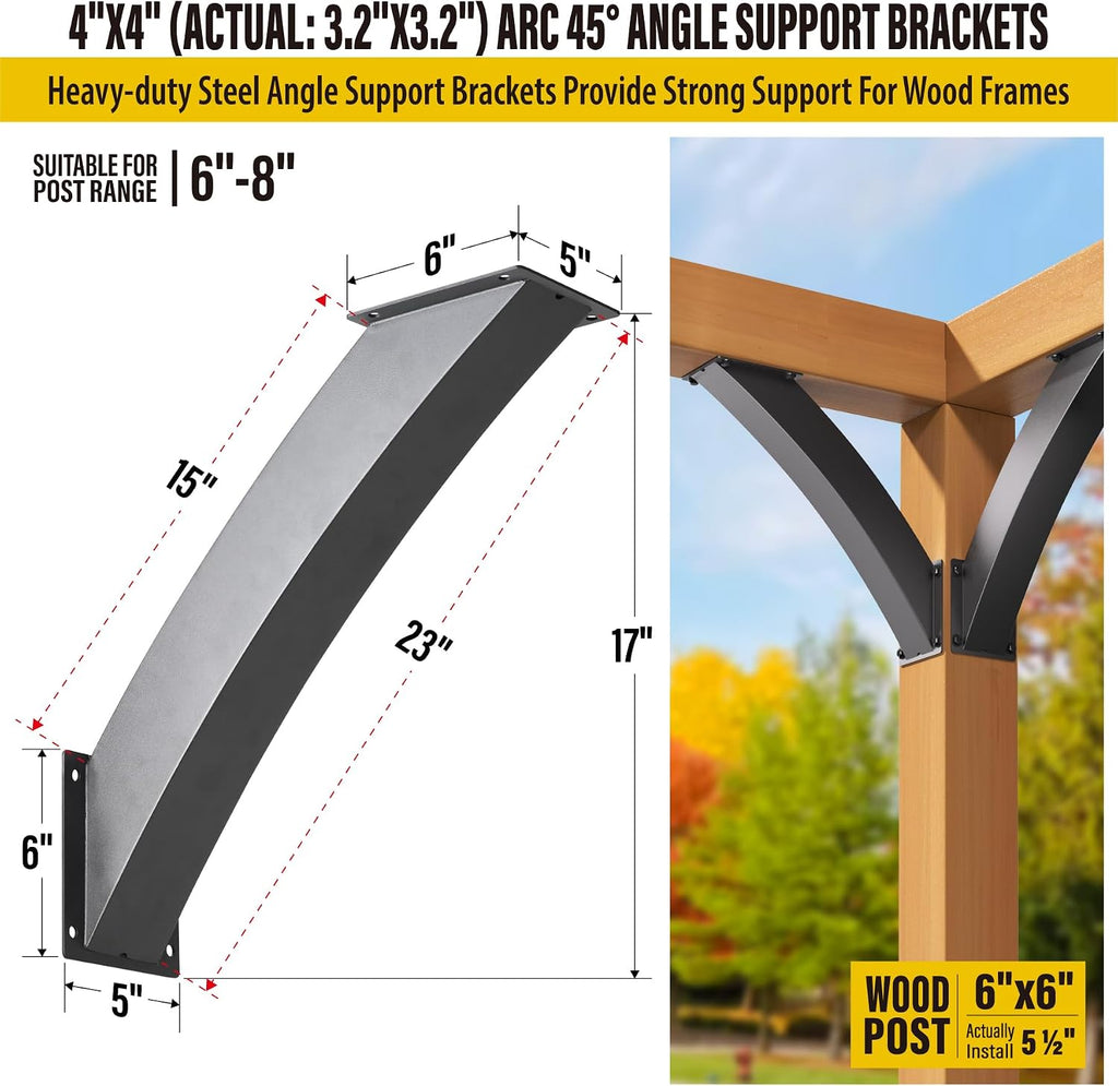 AECXM Heavy Duty 4''x4'' (Actual: 3.2''x3.2'') Arc 45° Angle Support Brackets, for gazebos, Decks, porches, Log Cabins and Other Wood Frame Degree Angle Pergola (4-Bracket)