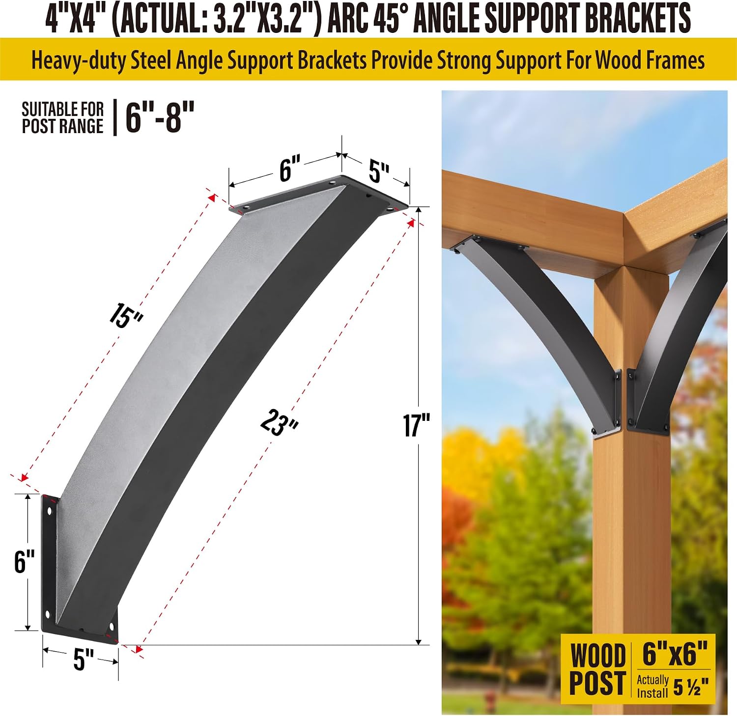 AECXM Heavy Duty 4''x4'' (Actual: 3.2''x3.2'') Arc 45° Angle Support Brackets, for gazebos, Decks, porches, Log Cabins and Other Wood Frame Degree Angle Pergola (4-Bracket)